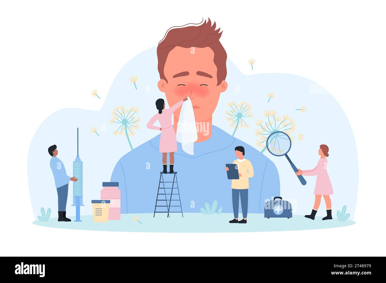 Saisonale Allergie gegen Blütenpollenvektorillustration. Cartoon winzige Menschen geben einem kranken Mann mit laufender Nase und Grippe ein Taschentuch, Ärzte mit Lupenbrille untersuchen Allergene und Staub in der Luft Stock Vektor