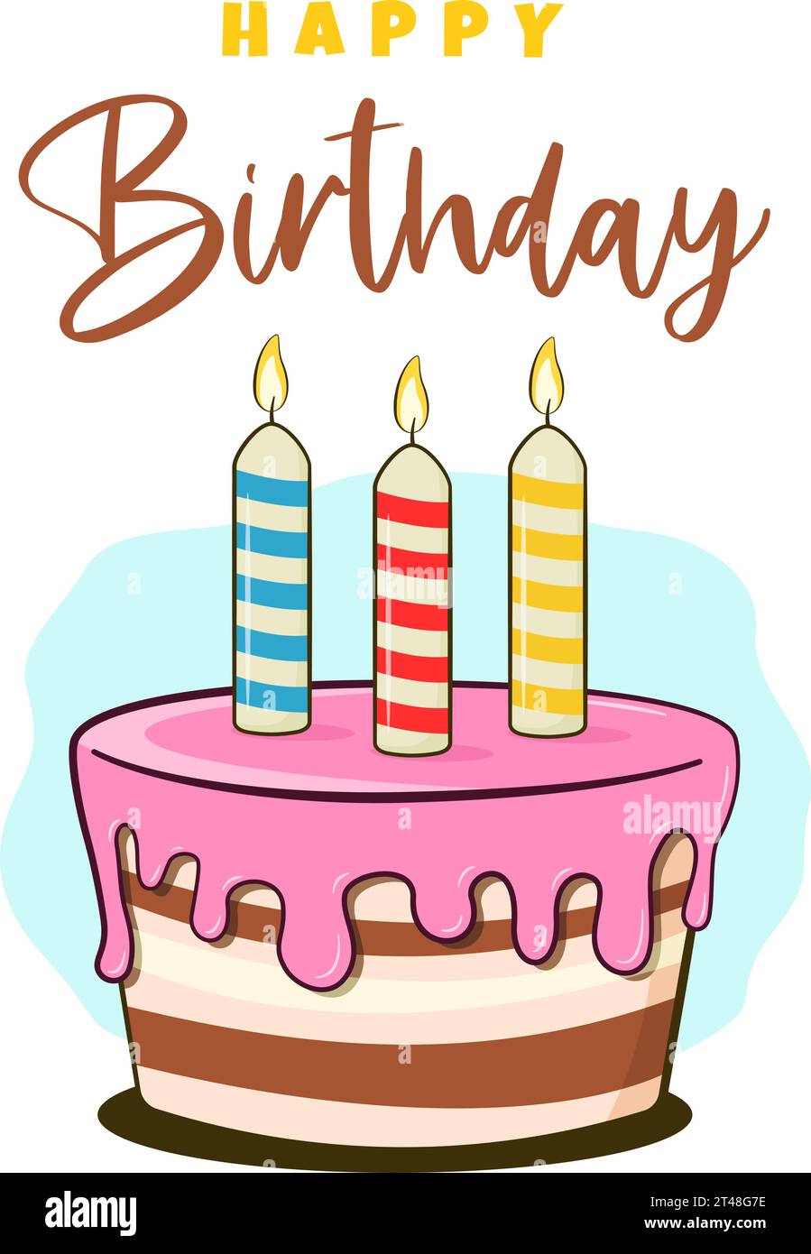 Geburtstagskarte. Happy Birthday-Schriftzug und Kuchen mit Kerzen Stock Vektor