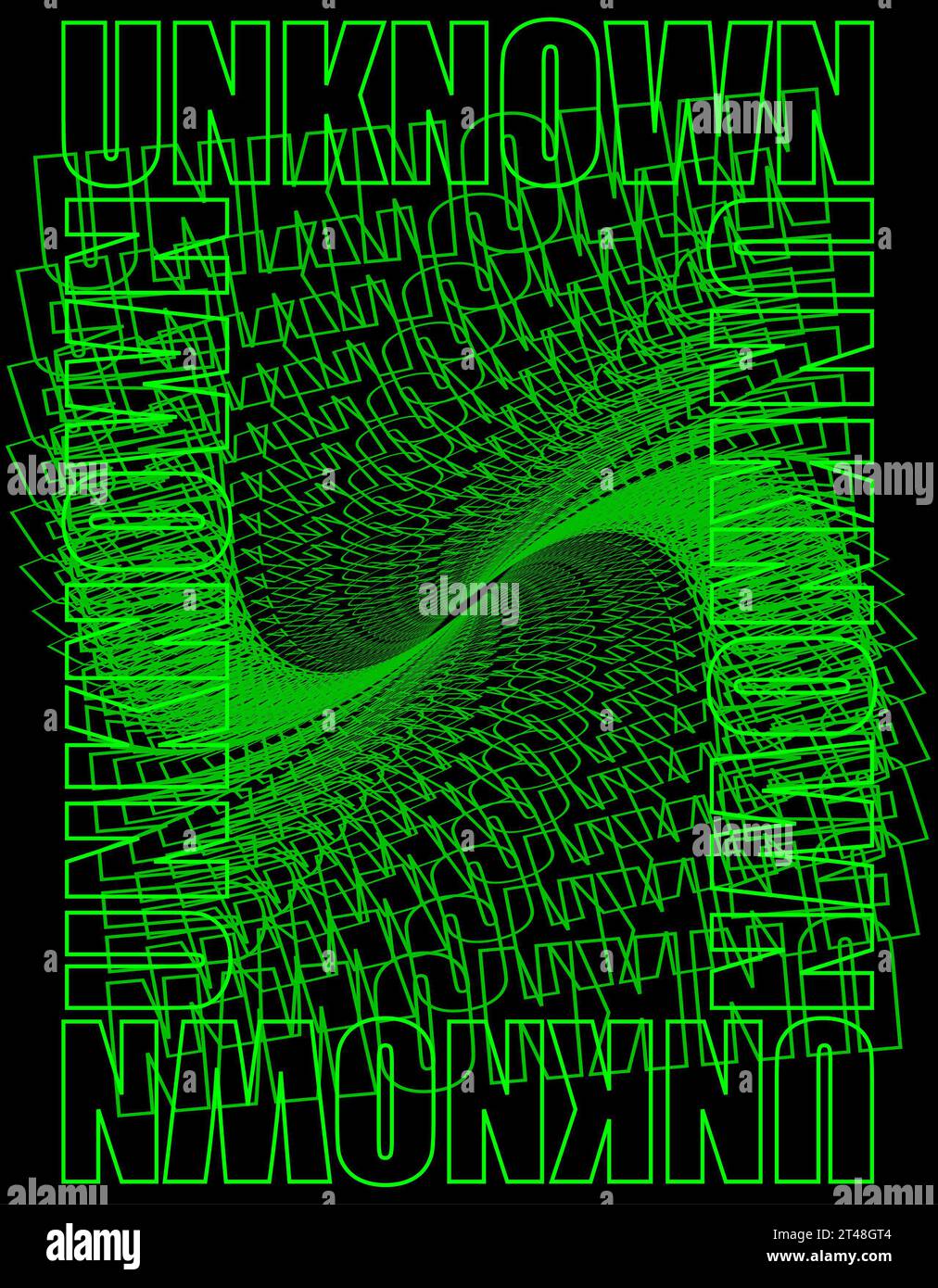 Das Wort UNBEKANNT multipliziert sich, Titelseiten- und Webdesign-Material, zukünftige Kunstwerke, UNBEKANNTES Poster, grüne und schwarze Farben, Technologie und Webfarben Stockfoto