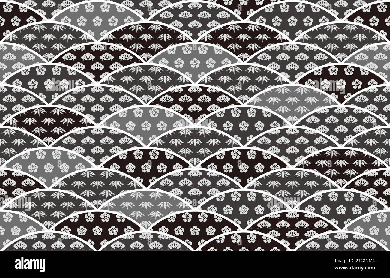 Japanisches Verheißungsvolles Vintage-Muster Mit Kiefern-, Bambus- Und Pflaumenblüten. Nahtlose Vektor-Illustration. Horizontal Und Vertikal Wiederholbar. Stock Vektor
