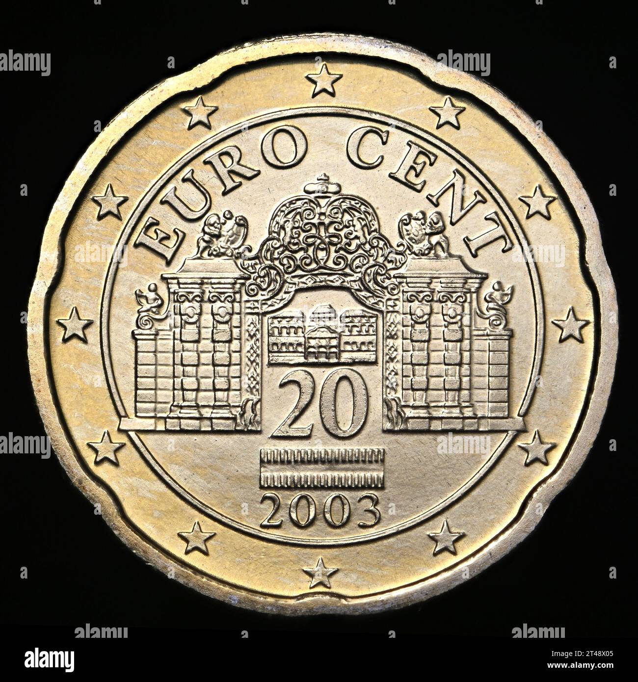 Österreichische 20c-Euro-Münze - Schloss Belveder Stockfoto
