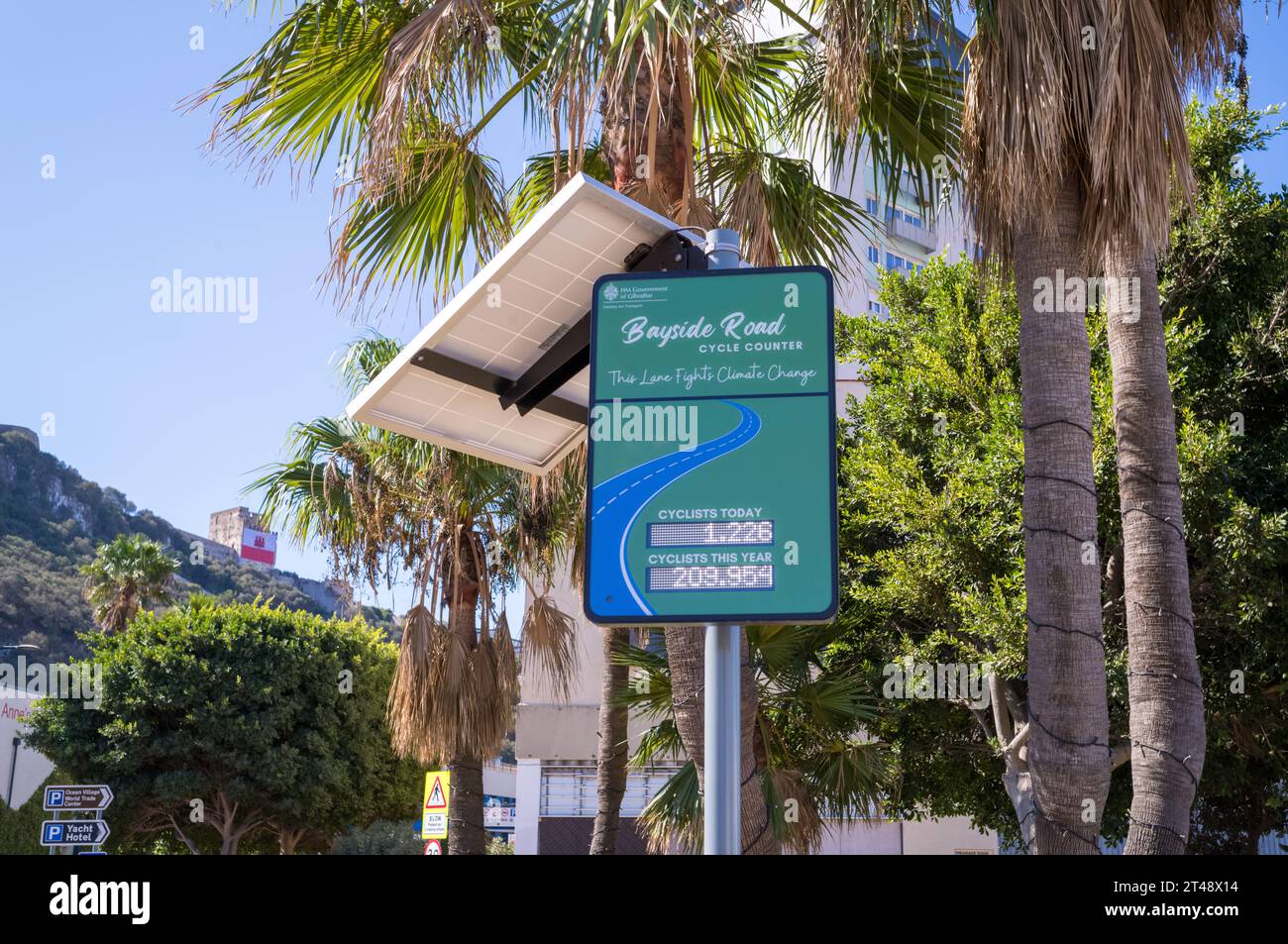 Digitales Schild auf Gibraltar an der Bayside Road, zählt vorbeifahrende Radfahrer. Stockfoto