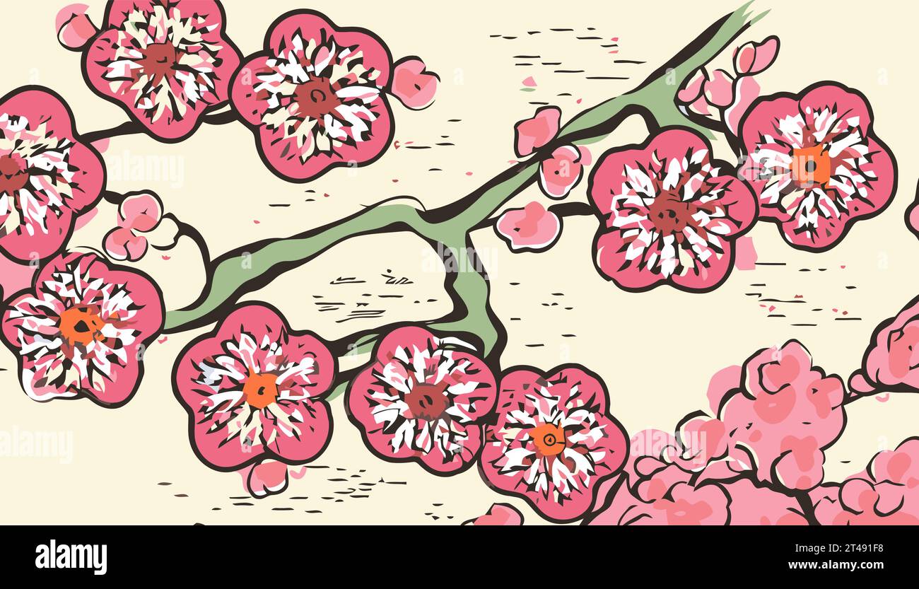 Kirschblüten Frühlingsblumenpapier isoliert auf weißem Hintergrund geschnitten. Vektorabbildung. Japanischer Sakura-Garten, Aprikosen-Pflaumenzweige im Papercut-Stil. Stock Vektor