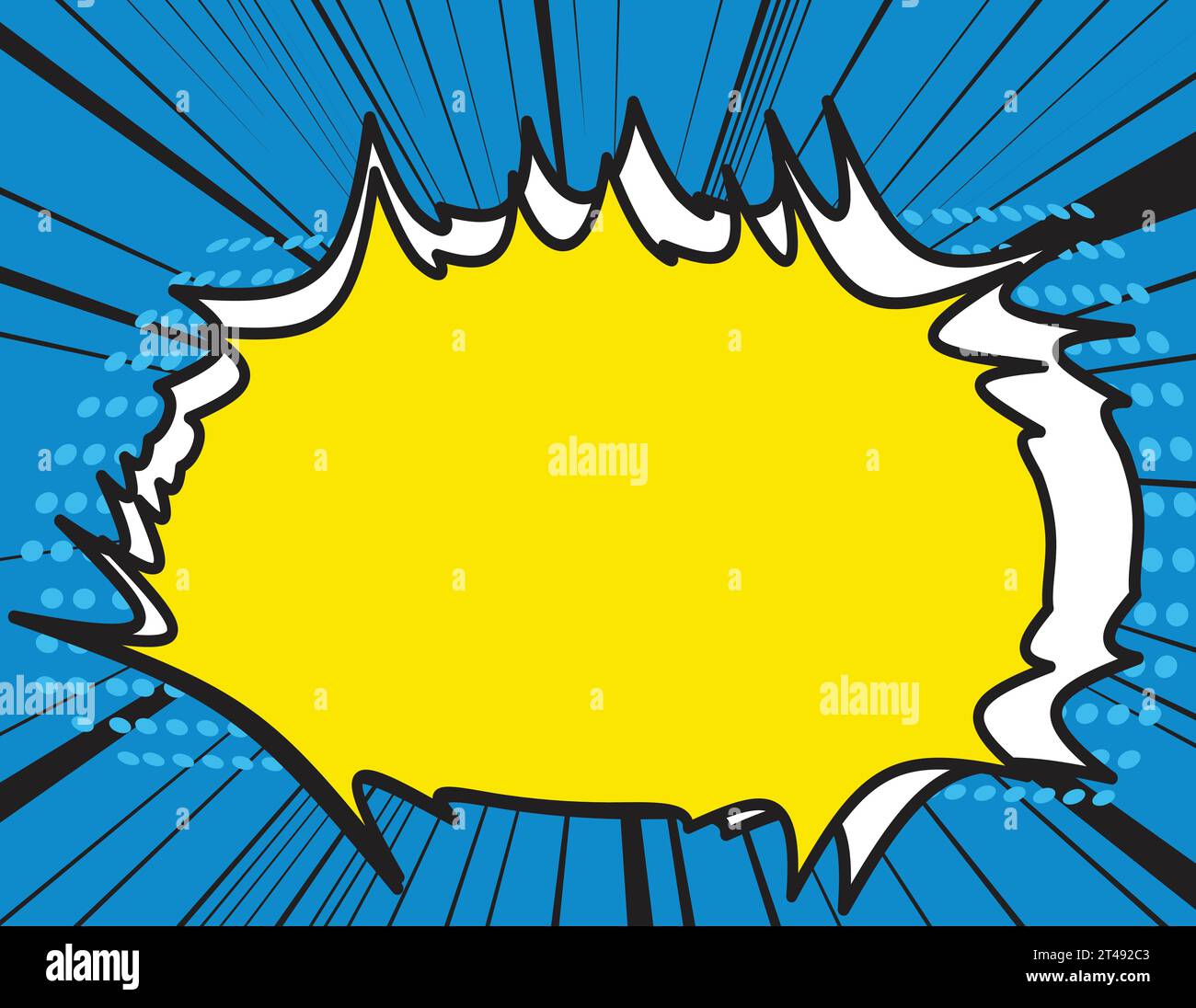 Bubble-Symbol; Retro-Pop-Art-Comic und Kommunikation Blau über schwarzem Streifenhintergrund Stock Vektor