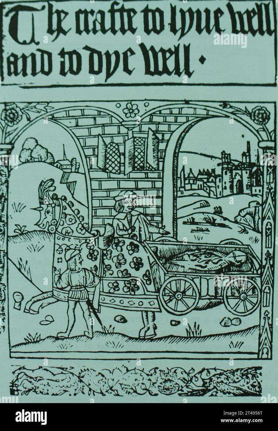 Mittelalterliche Illustration einer Leiche, die zur Beerdigung genommen wurde. Aus dem Holzschnitt des 1505 erschienenen Buches The Crafte to Live Well and to Di von Wynkyn de Wordes Stockfoto