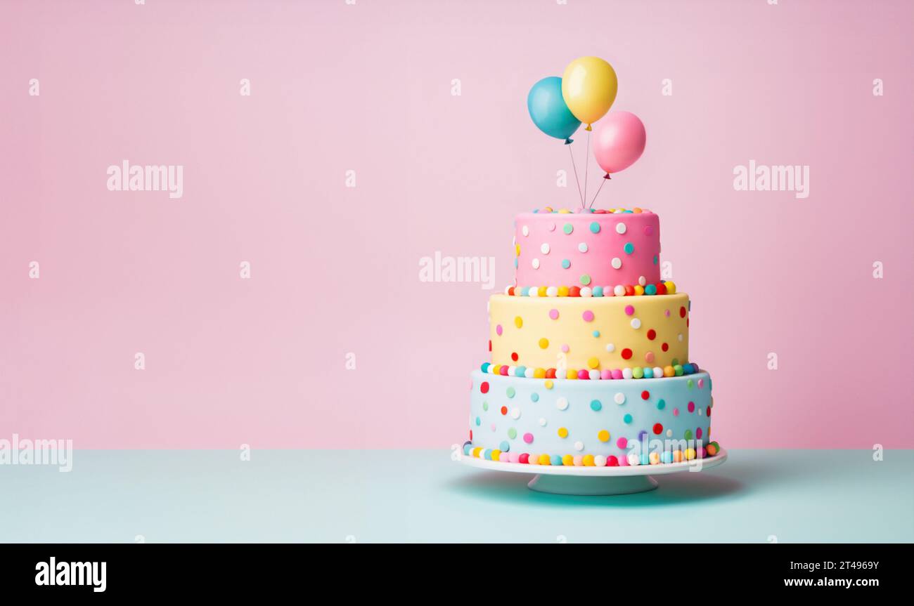 Gestufter Geburtstagskuchen mit pastellfarbenen Ebenen, dekoriert mit Partyballons Stockfoto