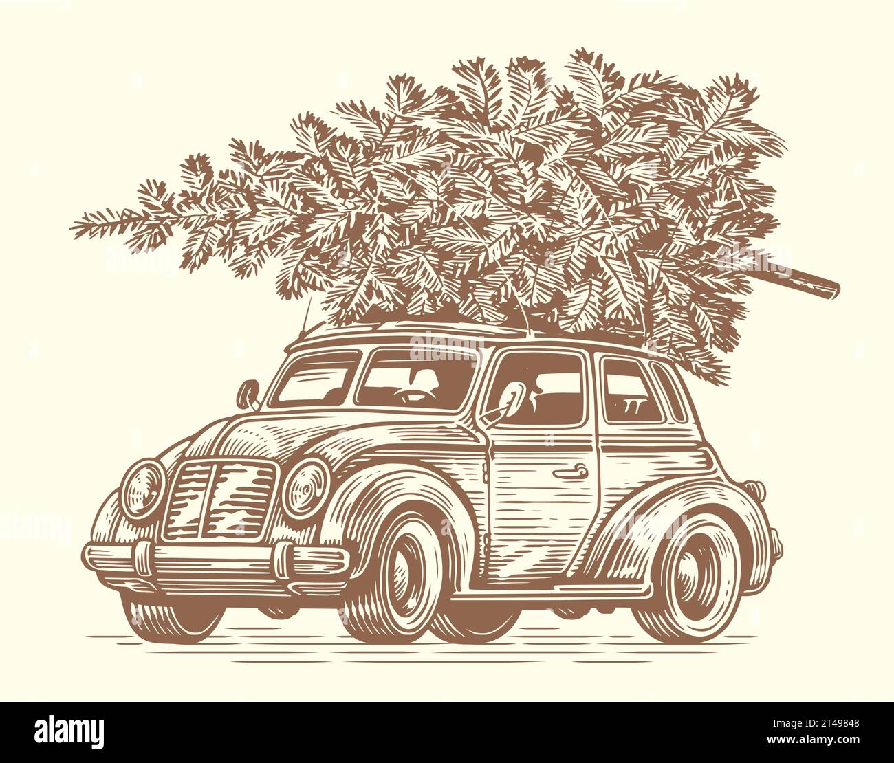 Retro-Auto mit einem Weihnachtsbaum oben. Abbildung im Skizzenstil. Handgezeichnete Vektorgrafik Stock Vektor
