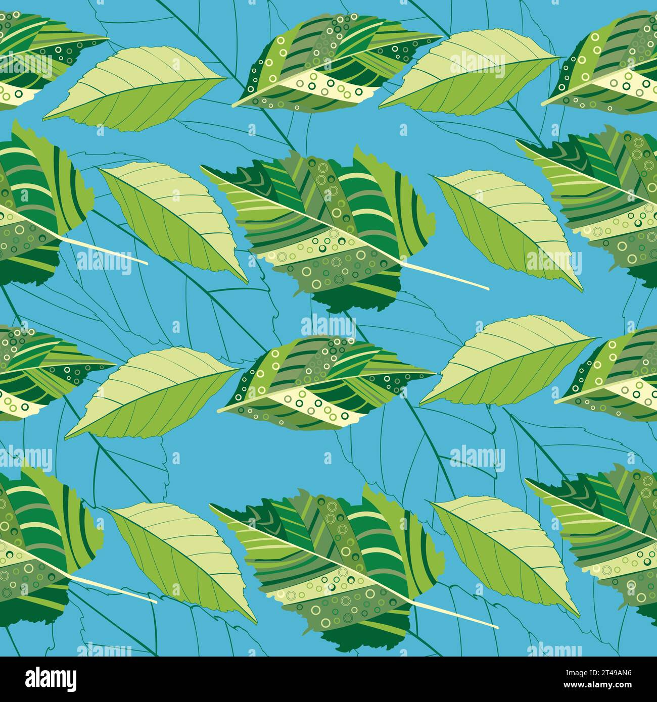 Verzierte grüne Blätter mit Kreisen und Linien, die sich in Reihen über blauem Hintergrund wiederholen Stock Vektor