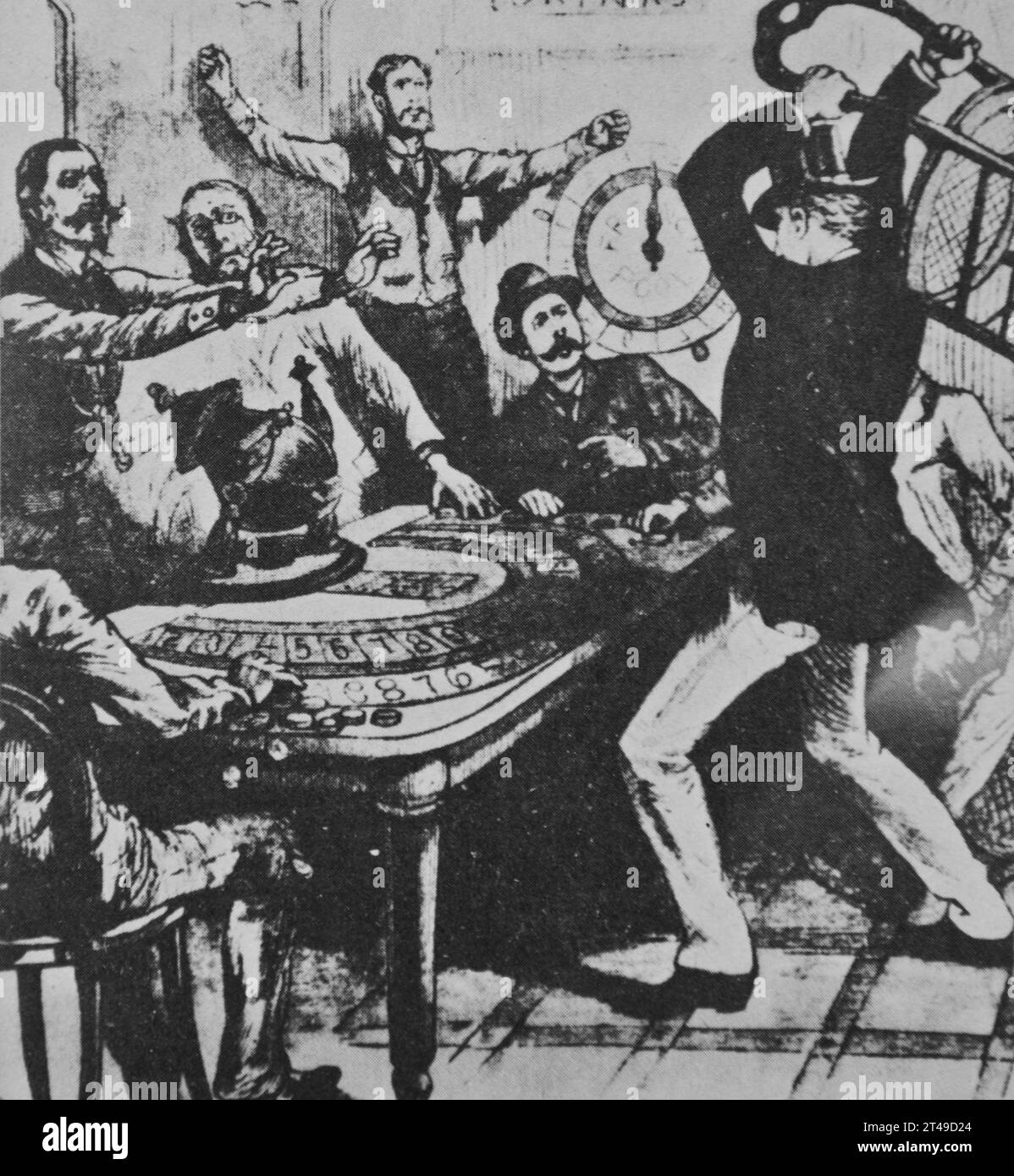Zeichnung aus dem 19. Jahrhundert. Szene, die einen wütenden Spieler zeigt, nachdem er ein Spiel verloren hat. Er nimmt seine Wut auf dem Spieltisch aus, während die Zuschauer schockiert reagieren. Stockfoto