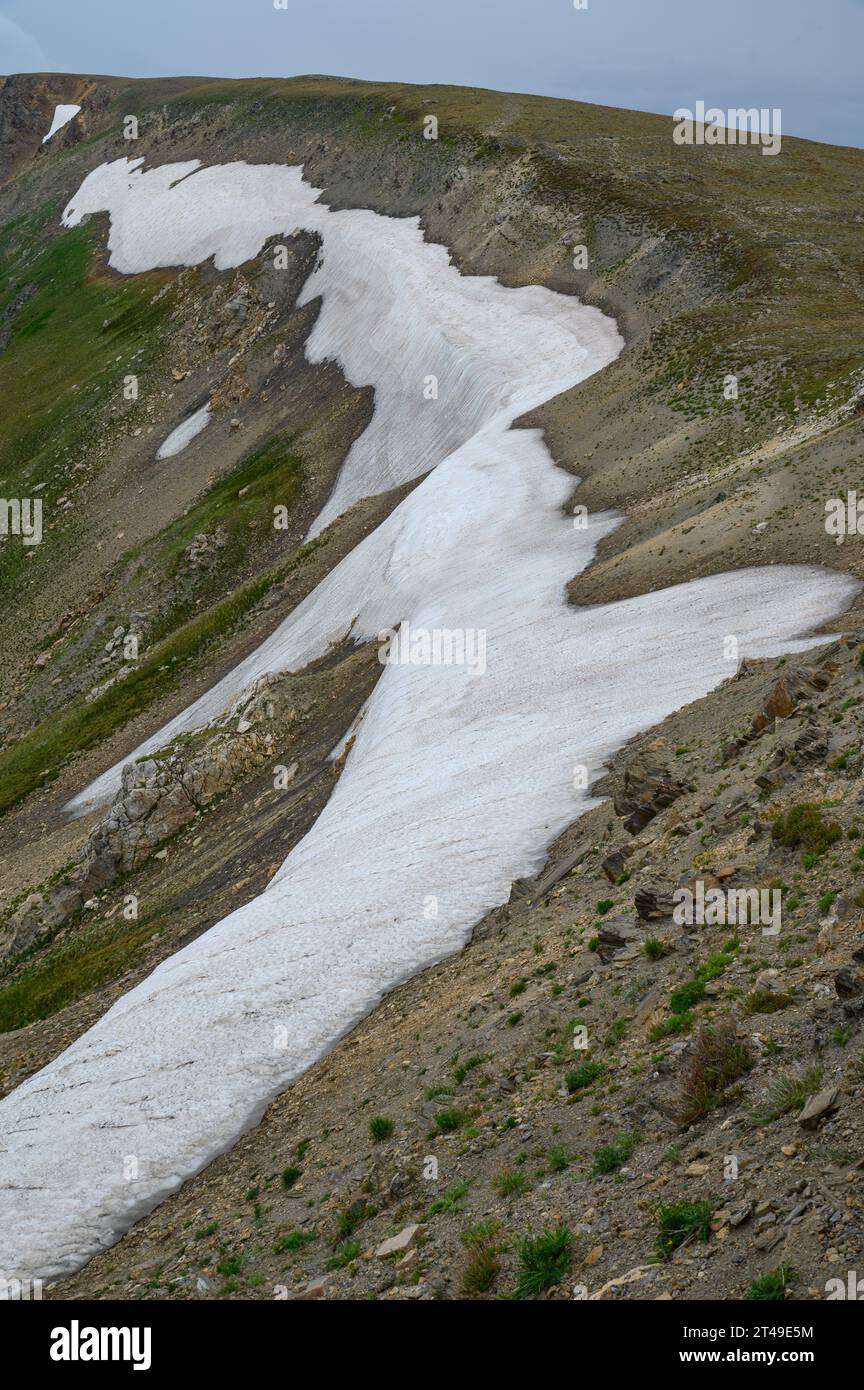 Im Spätsommer halten Schnee und Eis auf den Bergen des Rocky Mountain National Park in Colorado, USA Stockfoto