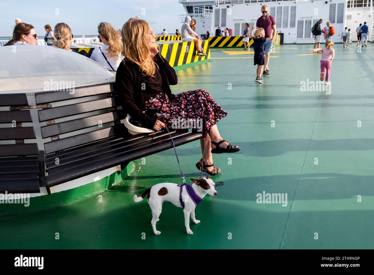 Eine Frau saß mit ihrem Hund an Deck auf einer geschäftigen Ostseekreuzfahrt zwischen Helsinki in Finnland, Åland und Stockholm in Schweden. Foto: Rob Watkins Stockfoto