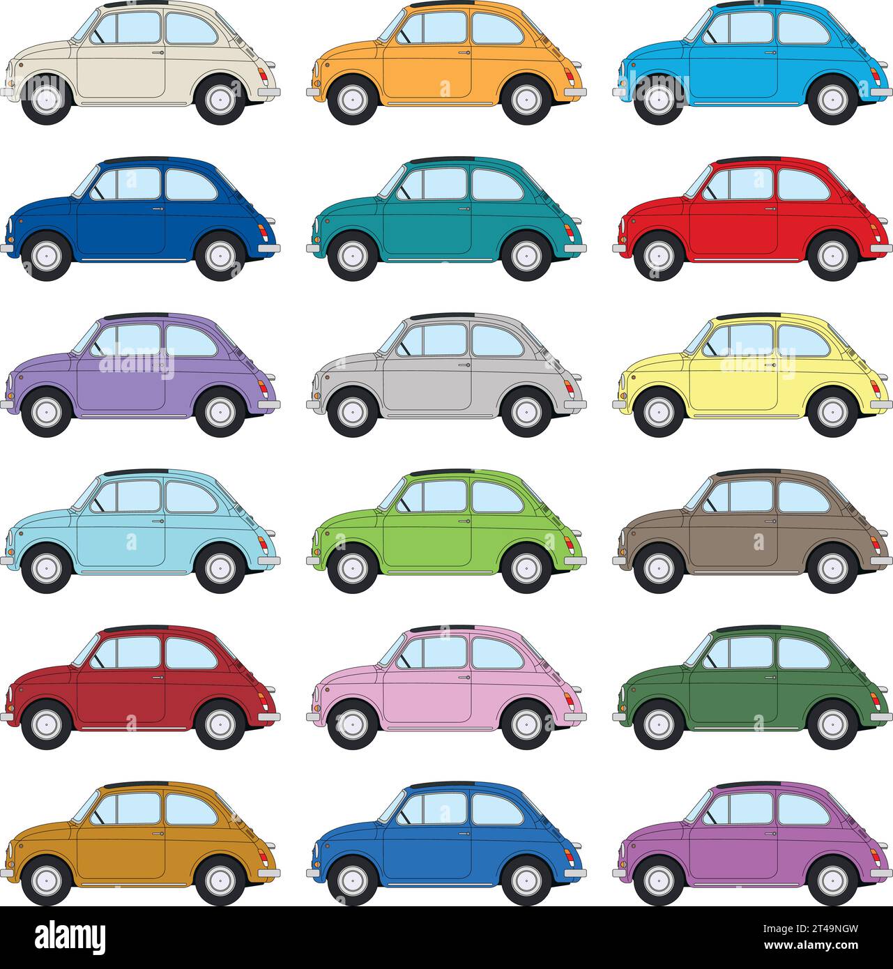 Textur mit alten farbigen Fiat 500 farbigen, italienischen berühmten und beliebten Auto, Vektor-Illustration Stock Vektor