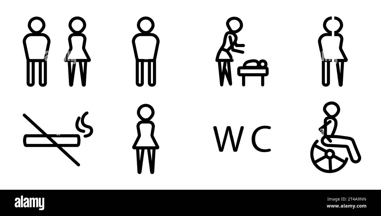 WC-Schild, wc-Symbol mit schwarzer Linie, originale Symbole für Toiletten Stock Vektor