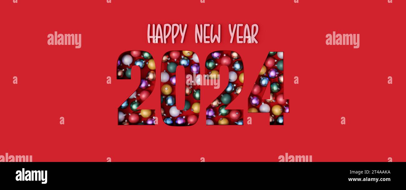 Happy New Year 2024 Text auf rotem Hintergrund geschnitten und gefüllt mit bunten Weihnachtskugeln 3D-Rendering 3D-Illustration Stockfoto