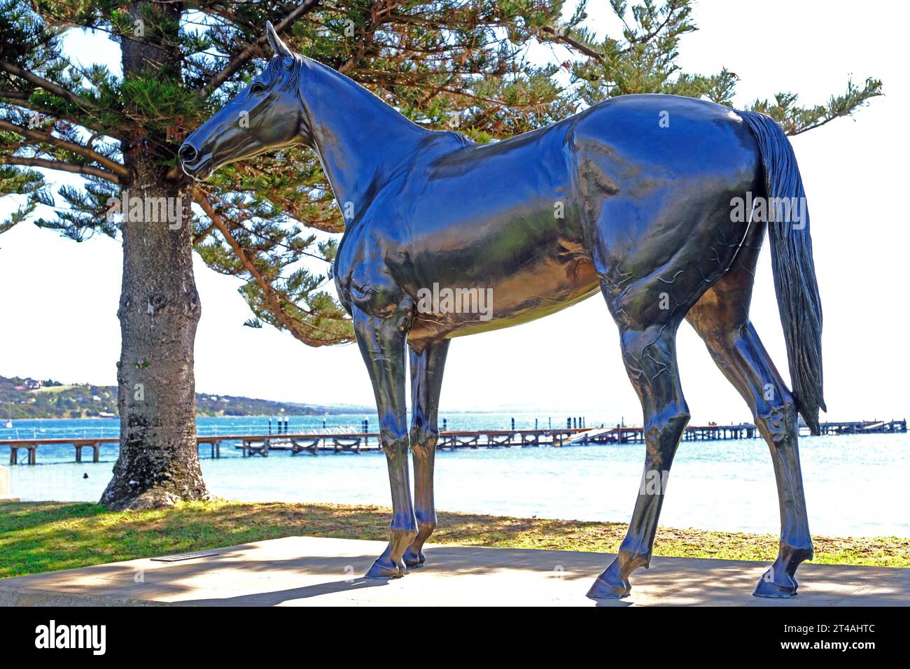 Statue des ehemaligen Rennpferdes Makybe Diva am Ufer der Boston Bay auf der Eyre Peninsula in Südaustralien Stockfoto