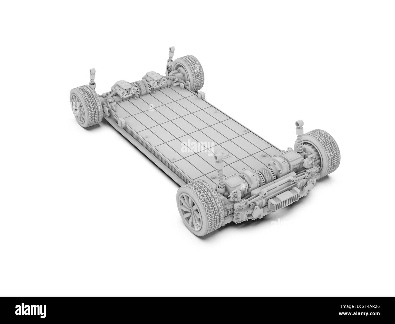 Weißes 3D-Rendering-Modell einer Elektroauto-Batterie mit Batteriemodul auf der Plattform Stockfoto