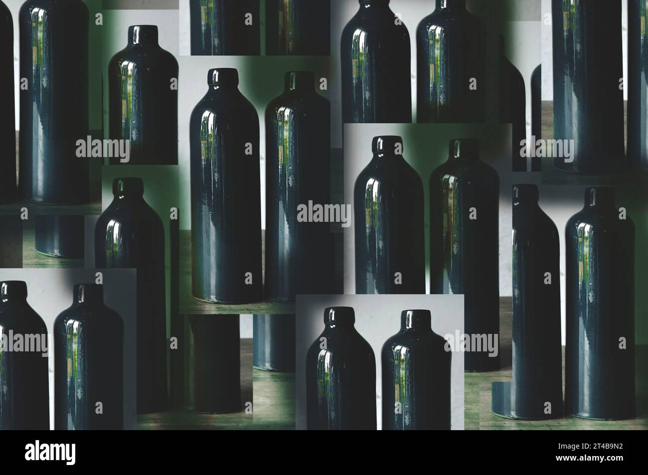 Ein nicht standardmäßiges horizontales abstraktes Bild einer alten Tonflasche. Überlappende, unscharfe Fotos. Fotobearbeitung. Künstlerische, dunkle, einzigartige Tapete Stockfoto
