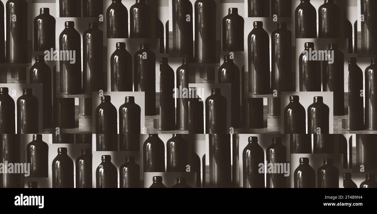 Ein nicht standardmäßiges horizontales abstraktes Bild einer alten Tonflasche. Überlappende, unscharfe Fotos. Fotobearbeitung. Künstlerische, dunkle, einzigartige Tapete Stockfoto