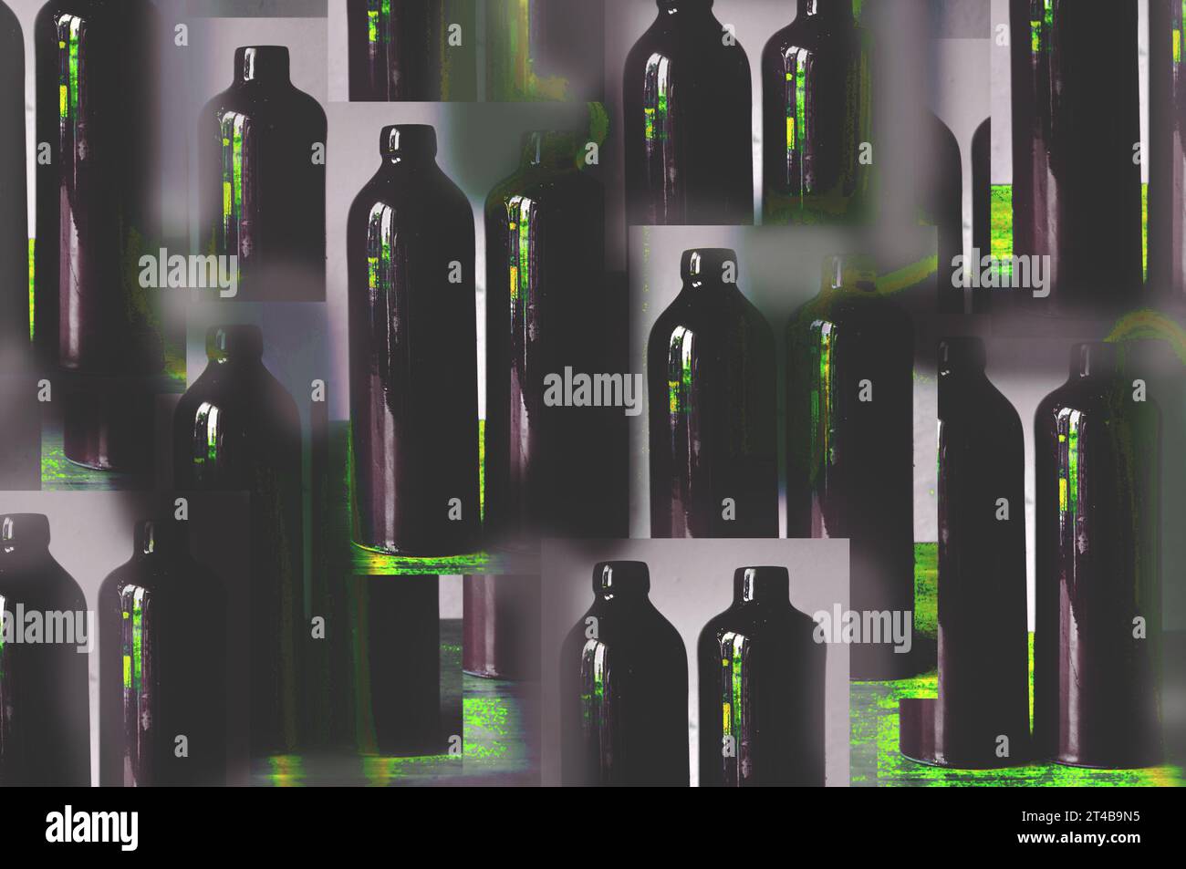 Ein nicht standardmäßiges horizontales abstraktes Bild einer alten Tonflasche. Überlappende, unscharfe Fotos. Fotobearbeitung. Künstlerische, dunkle, einzigartige Tapete Stockfoto