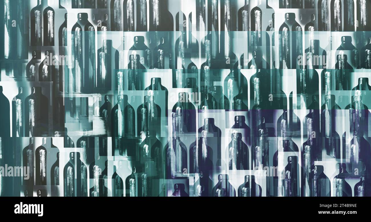 Ein nicht standardmäßiges horizontales abstraktes Bild einer alten Tonflasche. Überlappende, unscharfe Fotos. Fotobearbeitung. Künstlerische, dunkle, einzigartige Tapete Stockfoto