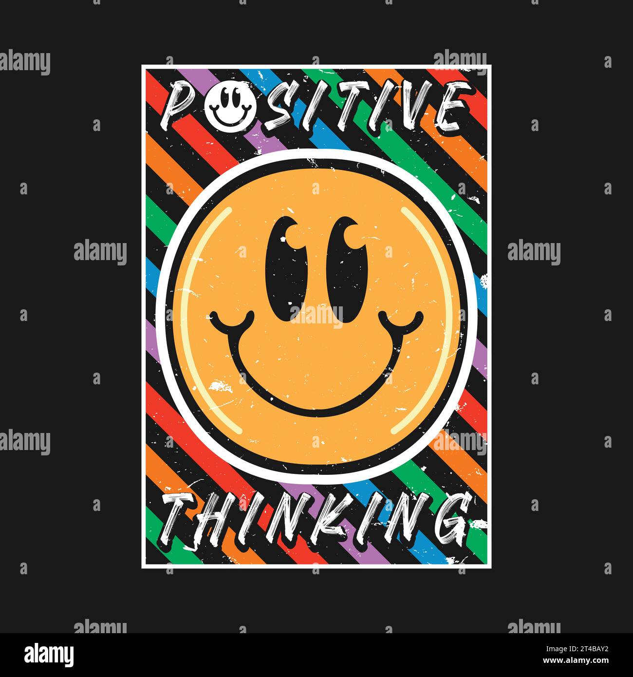 Lächelndes Emoji mit positivem Denkspruch. Positive Zitate, Typografie Design Vektor. Stock Vektor