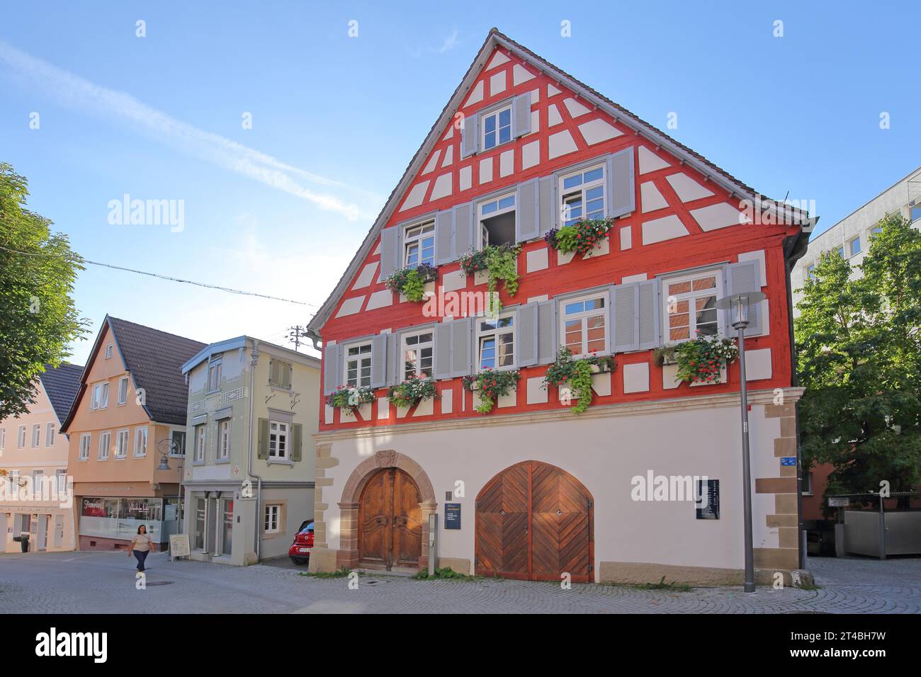 Rotes Fachwerkhaus, Häuser, Kurze Straße, Waiblingen, Baden-Württemberg, Deutschland Stockfoto