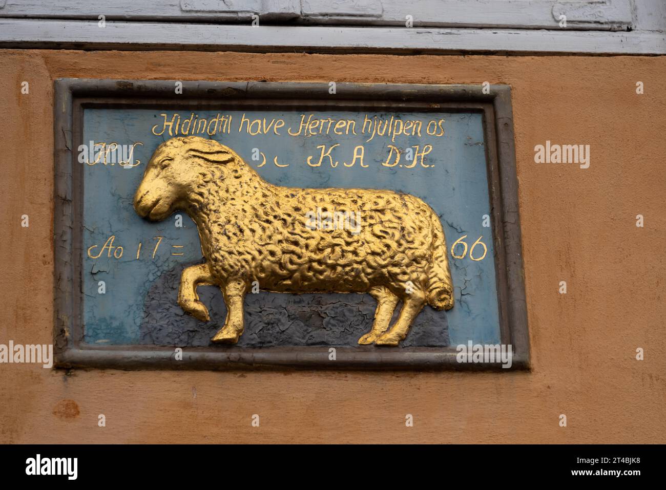 Goldenes Schaf als Hausmarke, Haus in Nyhavn, erbaut 1766, Kopenhagen, Dänemark Stockfoto
