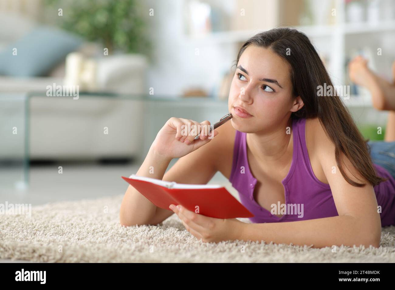 Frau mit Agenda denkt und plant, zu Hause auf dem Boden zu liegen Stockfoto