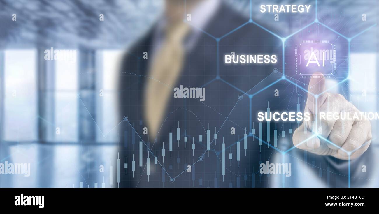 Geschäftsleute entscheiden sich für KI. Strategie zur Erzielung des Geschäftserfolgs mit künstlicher Intelligenz. KI TECH zukunftsweisende Technologie-Transformation. Unternehmen A Stockfoto