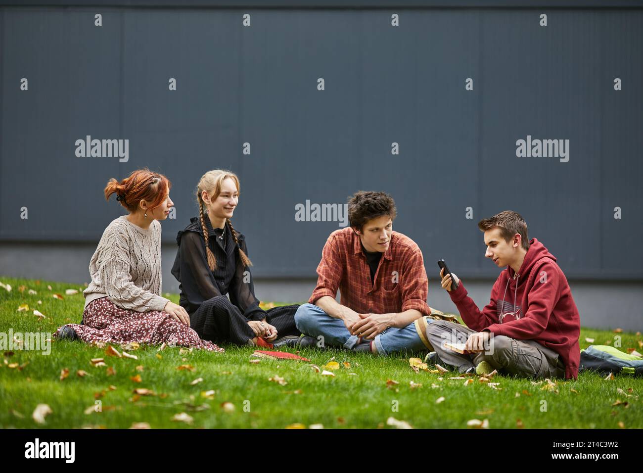 Ein junger Mann liest seinen Freunden auf der Schulwiese vom Handy Stockfoto