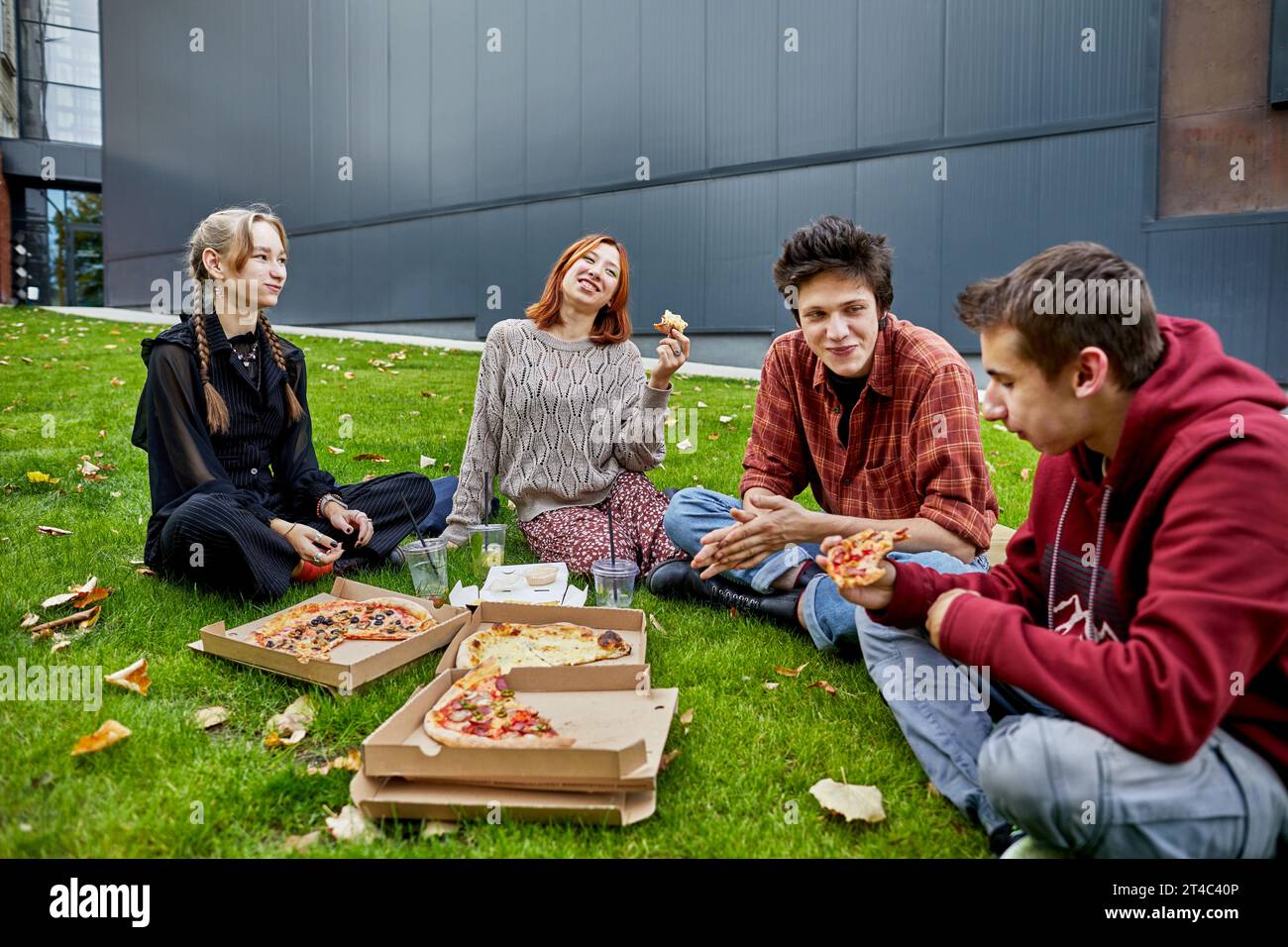 Eine Gruppe von Freunden isst Pizza und lacht auf dem Rasen Stockfoto