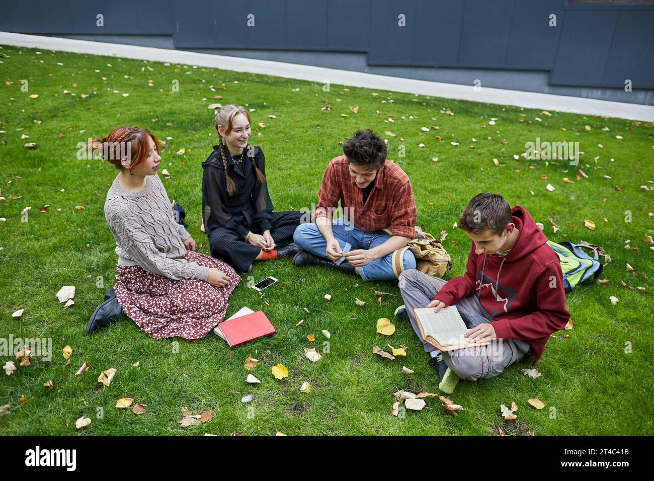 Gruppe von Studenten liest Buch auf dem Rasen im Campus-Hof Stockfoto