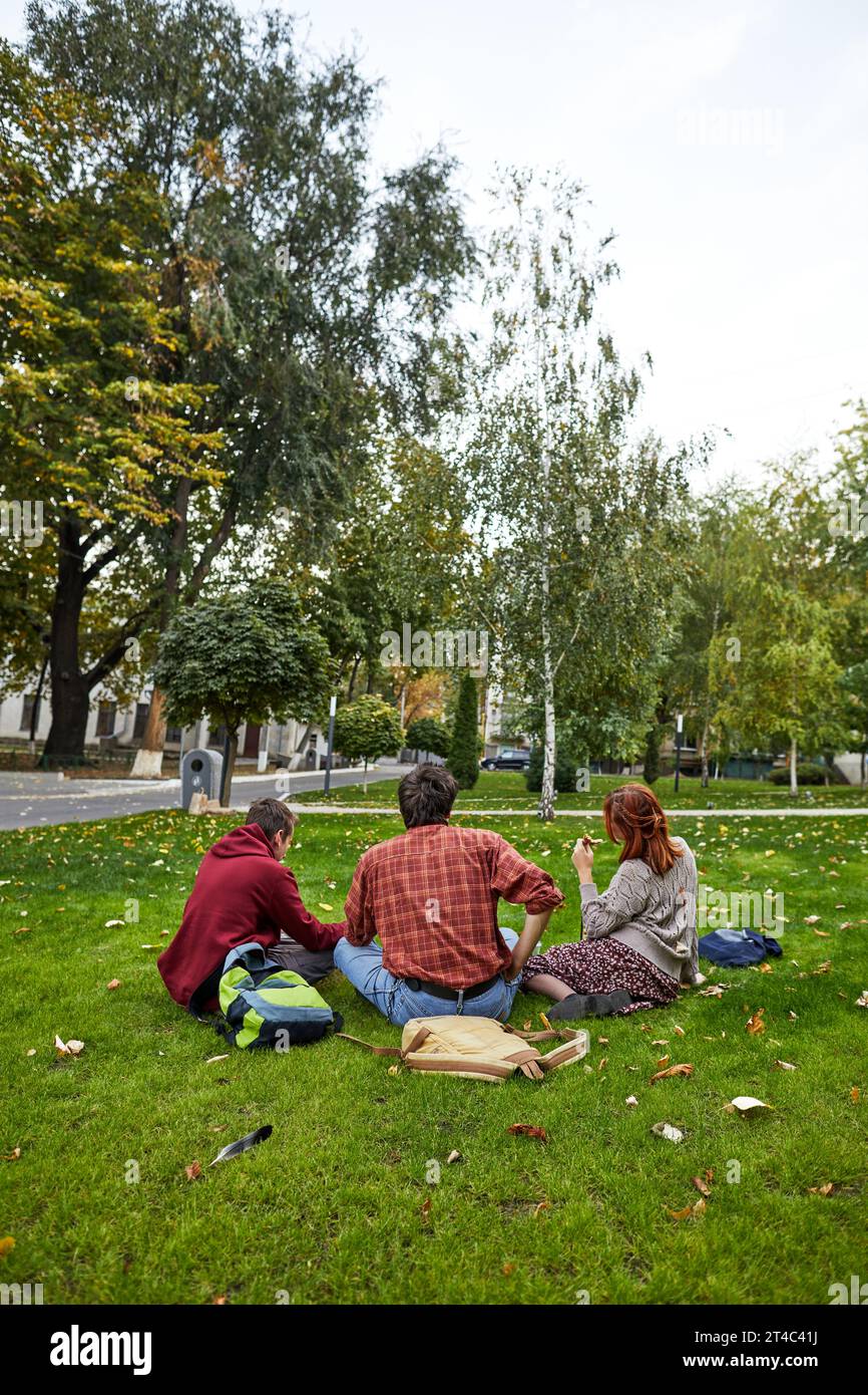 Freunde, die sich auf dem Rasen in einem Stadtpark entspannen Stockfoto