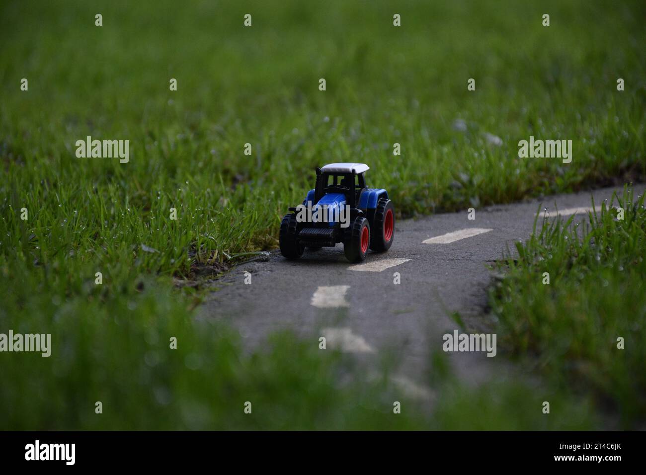 Spielzeug-Traktor auf einer Straße in hohem Gras Stockfoto