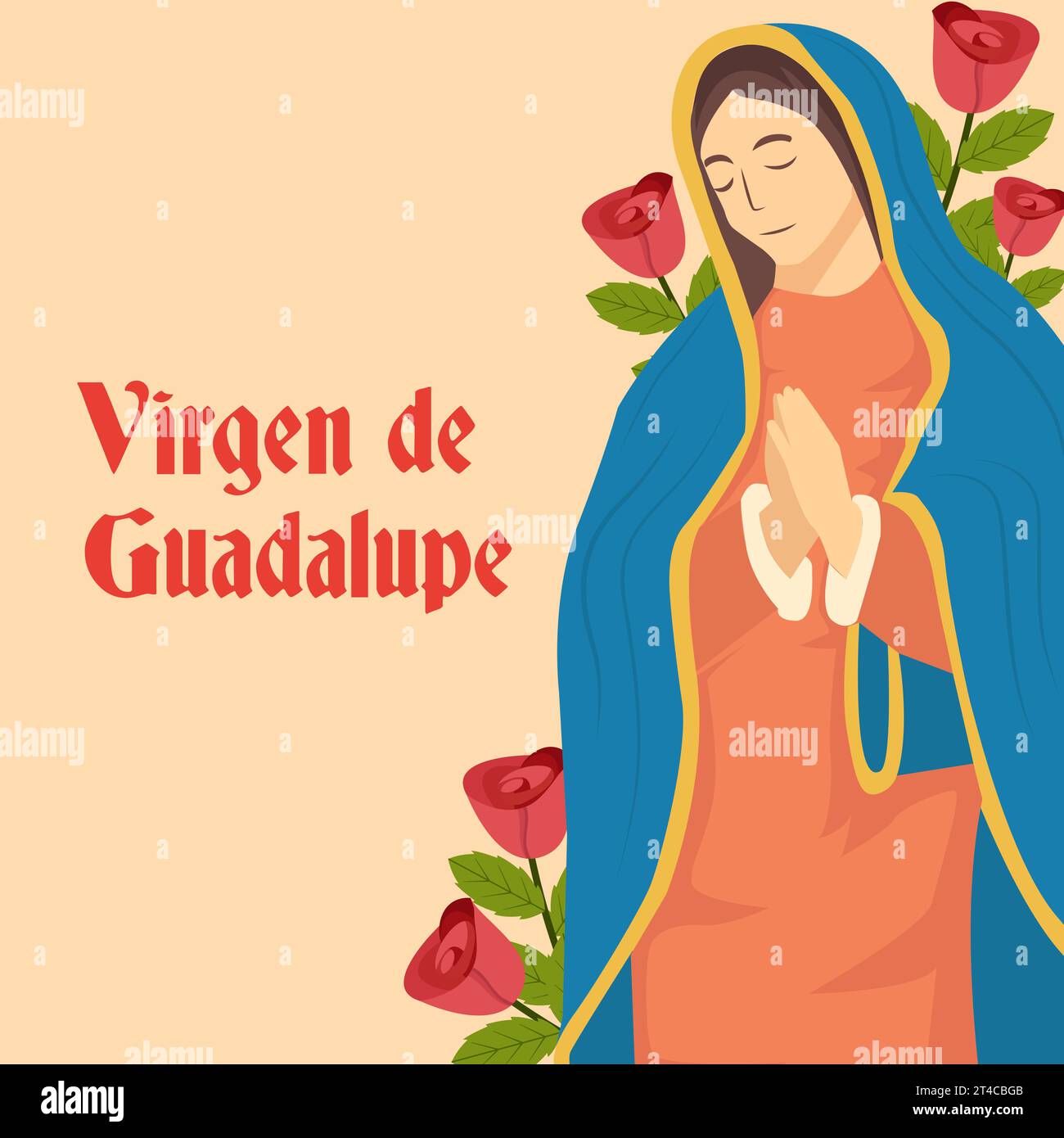 Flache Illustration von Virgen de Guadalupe mit Rosen Stock Vektor