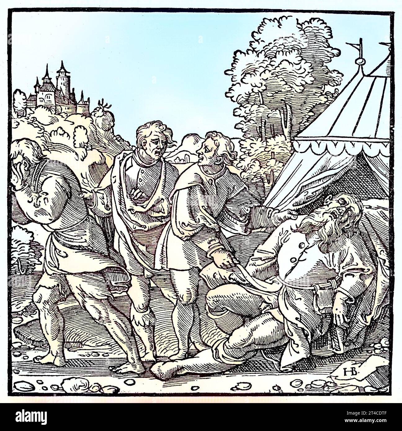 Digital restauriert, der betrunkene Noah und seine Söhne, Holzschnitt, in den abrahamitischen Religionen war Noah der zehnte und letzte der vorsintflutlichen Patriarchen, Veröffentlichung aus dem Jahr 1882 / Digital improved:, The Drunken Noah and His Söhne, Holzschnitt, in den abrahamischen Religionen, Noah war der zehnte und letzte der Patriarchen vor der Überschwemmung, eine Publikation aus dem Jahr 1882 Stockfoto