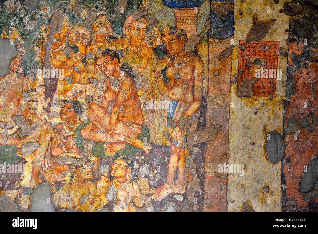 Höhle Nr. 1. Erzählung aus dem Maitribala, Innengang, rechte Wand. Ajanta Caves, Aurangabad, Maharashtra, Indien Stockfoto