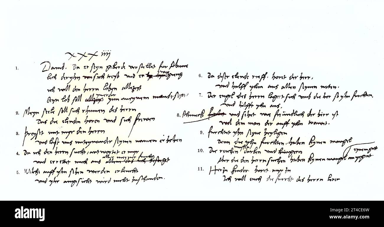 Digital restauriert, die Übersetzung der ersten Elf Vers des 34. Psalms in Luthers Originalausgabe, Veröffentlichung aus dem Jahr 1882 / Digital improved:, die Übersetzung der ersten elf Verse des 34. Psalms in Luthers Originalausgabe, Veröffentlichung aus dem Jahr 1882 Stockfoto