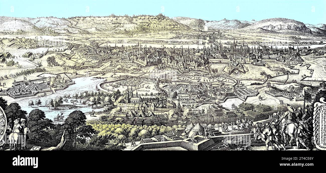 Digital restauriert, Belagerung von Regensburg im Jahr 1634, Blick von der Festung auf das große Kriegslager, Deutschland, Faksimile eines Kupferstichs von Mattheus Merian, Veröffentlichung aus dem Jahr 1882 / Digital improved:, Belagerung von Regensburg 1634, Blick von der Festung zum großen Kriegslager, Deutschland, Faksimile eines Kupferstichs von Mattheus Merian, Publikation aus dem Jahr 1882 Stockfoto