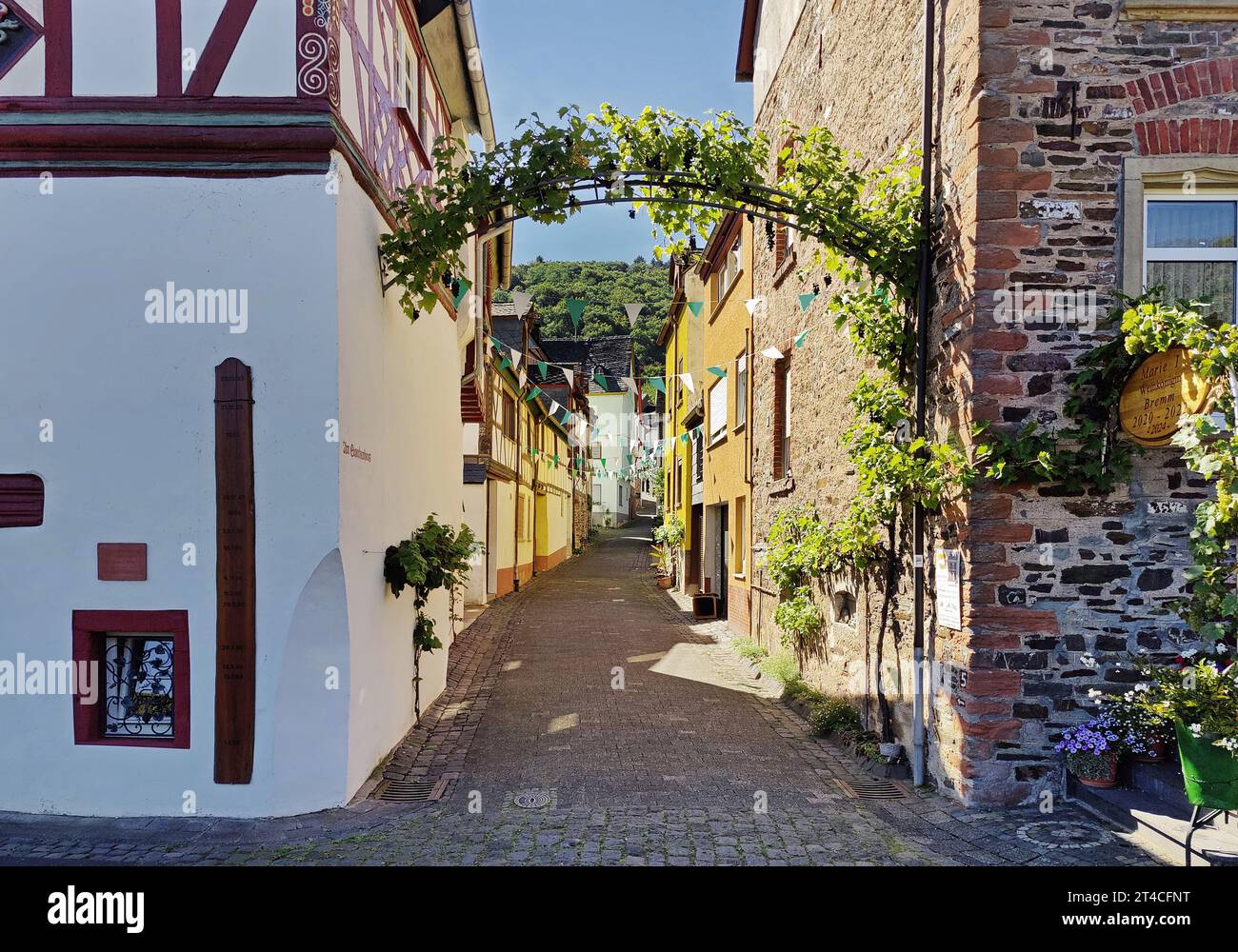 Schmale Gasse am Storchenhaus mit Weinbogen und Hochwasserzeichen, Deutschland, Rheinland-Pfalz, Bremm Stockfoto