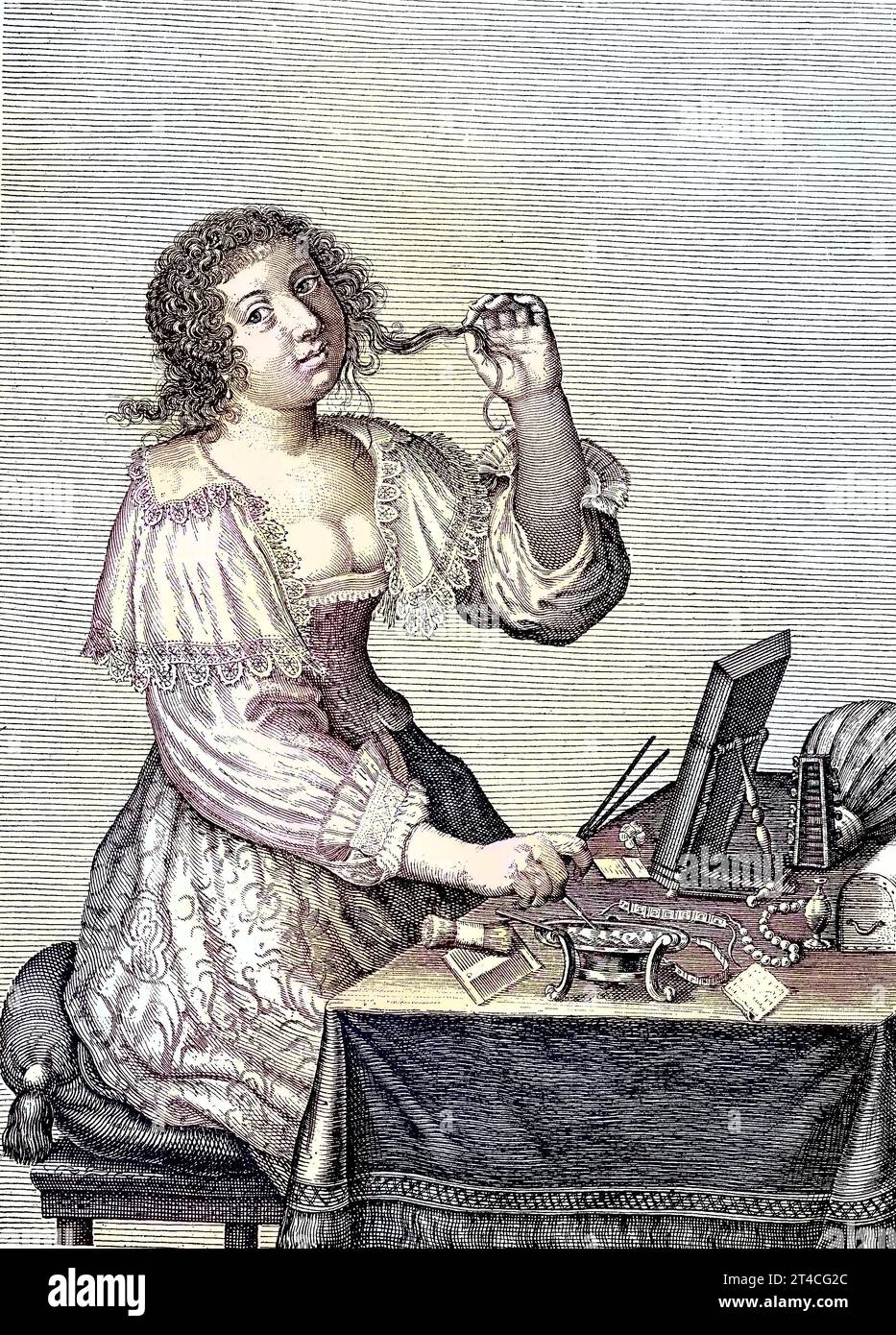 Toilette einer vornehmen Dame, französischer Stich von Le Blond, 17. Jahrhundert, digitale verbesserte Reproduktion aus einer Publikation aus dem Jahr 1880 / Toilette einer angesehenen Dame, französischer Stich von Le Blond, 17. Jahrhundert, digitale verbesserte Reproduktion aus einer Publikation aus dem Jahr 1880 Stockfoto
