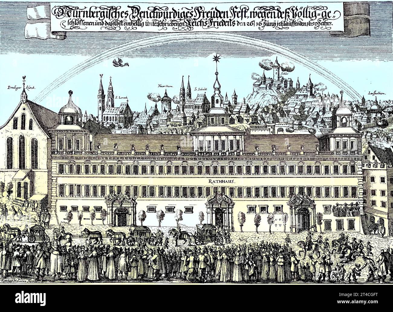 Das Nürnberger Friedensfest im Jahr 1650, nach dem Dreißigjährigen Krieg und dem Westfälischen Frieden. Nürnberger Friedensfest, 1650. Der Nürnberger Exekutionstag oder Friedensexekutionskongress diente der Klärung von Fragen, die bei der Beendigung des Dreißigjährigen Krieges durch den Westfälischen Frieden offenbleibende waren, digitale verbesserte Reproduktion aus einer Publikation aus dem Jahr 1880 / das Nürnberger Friedensfest 1650, nach dem Dreißigjährigen Krieg und dem Westfälischen Frieden. Nürnberger Friedensfest, 1650. Der Nürnberger Exekutionstag oder Friedensexekutionskongress di Stockfoto