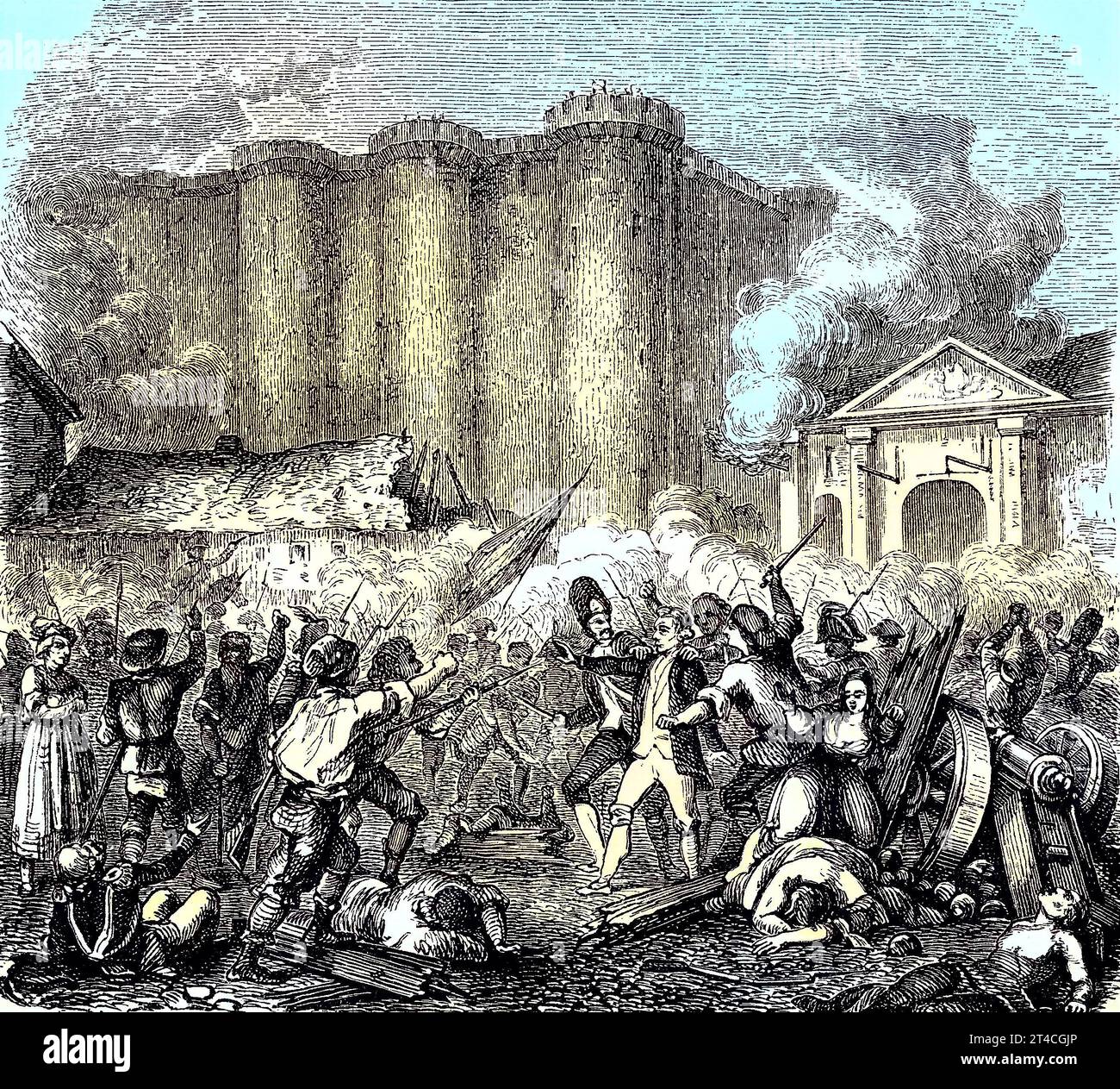 Die Bastille war eine Festung in Paris. Sie spielte eine wichtige Rolle in den internen Konflikten Frankreichs und wurde die meiste Zeit Ihrer Geschichte von den französischen Königen als Staatsgefängnis genutzt. Sie wurden am 14. Juli 1789 während der Französischen Revolution von einer Menschenmenge gestürmt. Reproduktion eines Holzschnitts aus dem Jahr 1880, digital verbessert / die Bastille war eine Festung in Paris. Es spielte eine wichtige Rolle in den inneren Konflikten Frankreichs und wurde für den größten Teil seiner Geschichte von den Königen Frankreichs als Staatsgefängnis genutzt. Es wurde von einer Menschenmenge am 14. Ju gestürmt Stockfoto