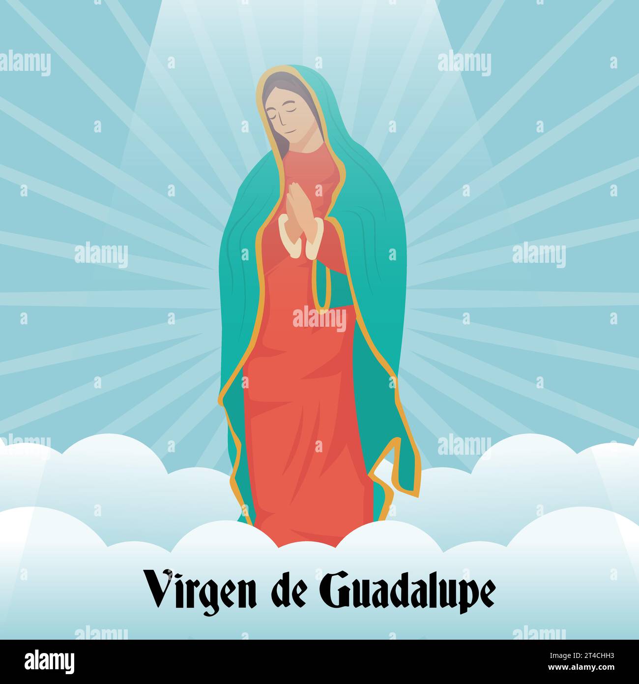 Flache Illustration von Virgen de Guadalupe mit Wolken Stock Vektor
