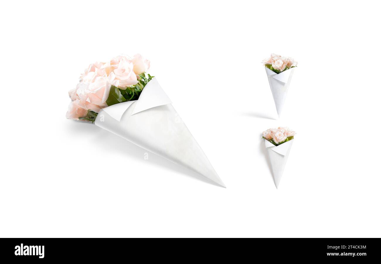 Leere weiße Blumen Verpackung Kegel Modell, verschiedene Ansichten, 3D-Rendering. Leerer Roll-Up-Pack für Blütenrosen, isoliert. Löschen Sie h Stockfoto