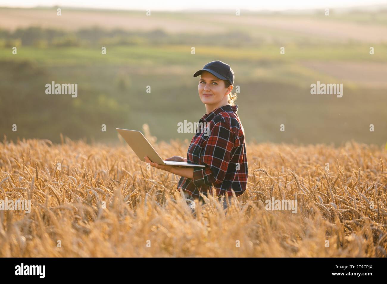 Eine Farmerin, die mit einem Laptop auf einem Weizenfeld arbeitet. Intelligente Landwirtschaft und digitale Landwirtschaft. Stockfoto