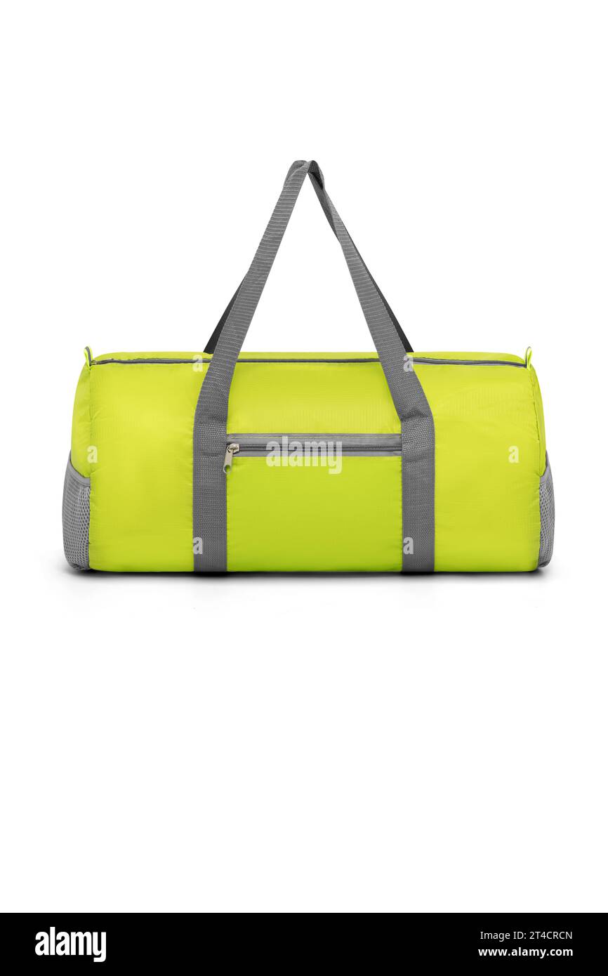 Close Up Outdoor trendige Mode Sport Custom Nylon Cross Body Schultergurt Duffle Gym Reise grüne Taschen für Männer Frauen isoliert auf weißem Hintergrund. Stockfoto