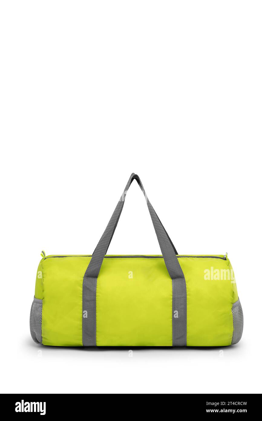 Close Up Outdoor trendige Mode Sport Custom Nylon Cross Body Schultergurt Duffle Gym Reise grüne Taschen für Männer Frauen isoliert auf weißem Hintergrund. Stockfoto