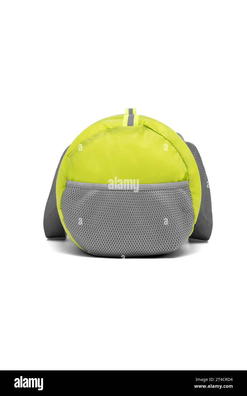 Close Up Outdoor trendige Mode Sport Custom Nylon Cross Body Schultergurt Duffle Gym Reise grüne Taschen für Männer Frauen isoliert auf weißem Hintergrund. Stockfoto