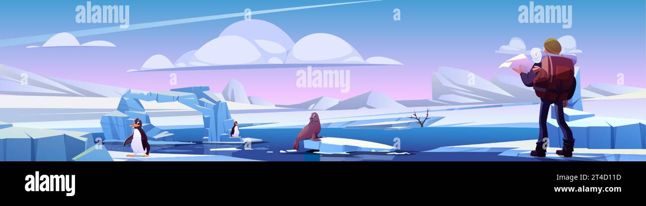 Mann Wanderer im Norden - Comic Vektor Hintergrund. Touristen mit großem Rucksack stehen auf Schnee und gefrorener eisbedeckter Landschaft neben Pinguinen und Meer l Stock Vektor